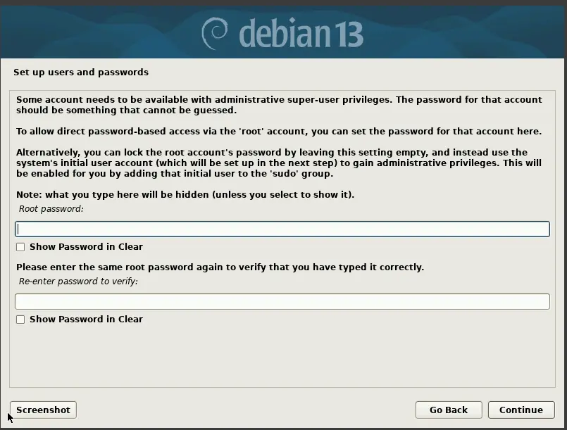 root setup screen